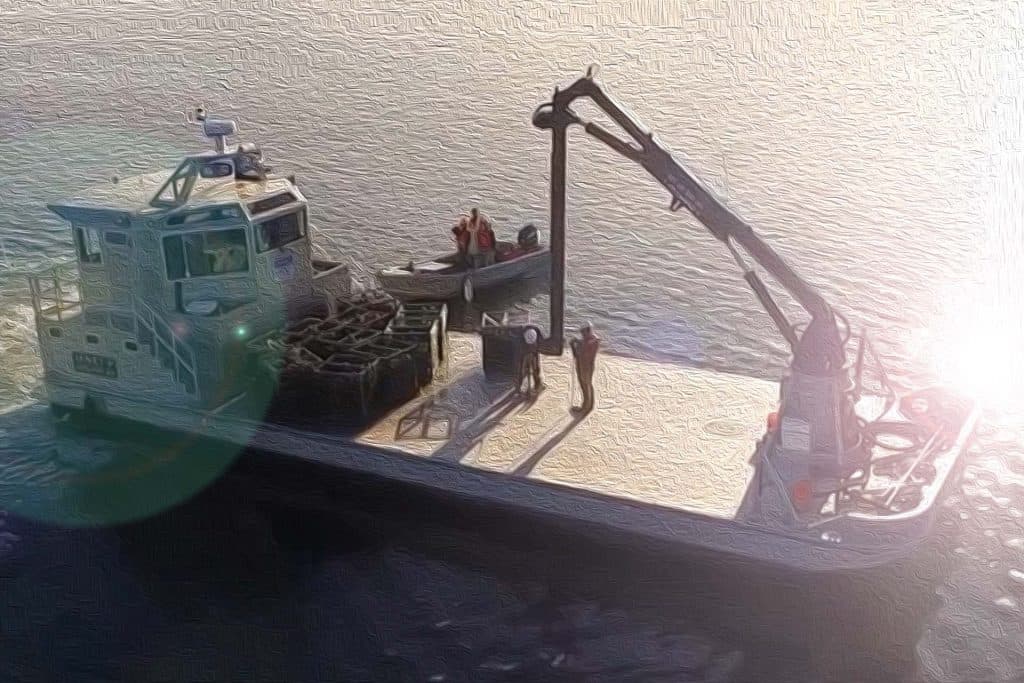 Olympic marine crane on vessel at Taylor Shellfish